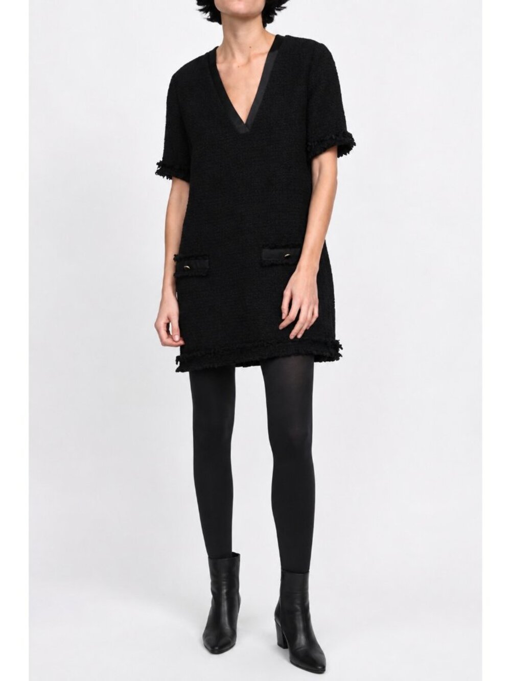 ZARA Woman Black Tweed Boucle Fringe Mini Shift Dress V Neck Size S